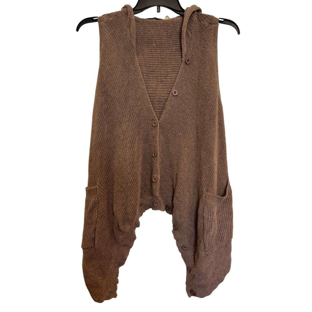 Knit Button Sleeveless Hooded Cardigan S Brown Polyester Blend